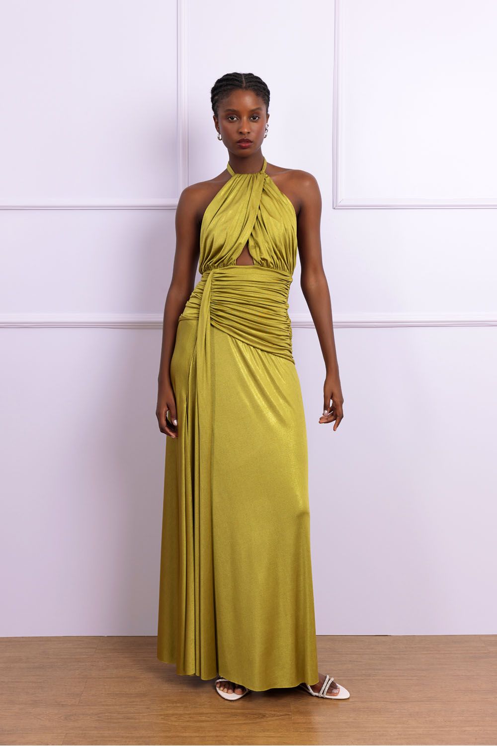 Vestido longo jersey metallic verde