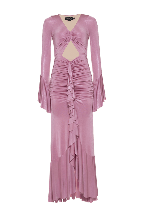 Vestido longo babados jersey metallic lilas