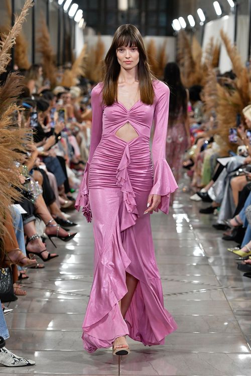 Vestido longo babados jersey metallic lilas
