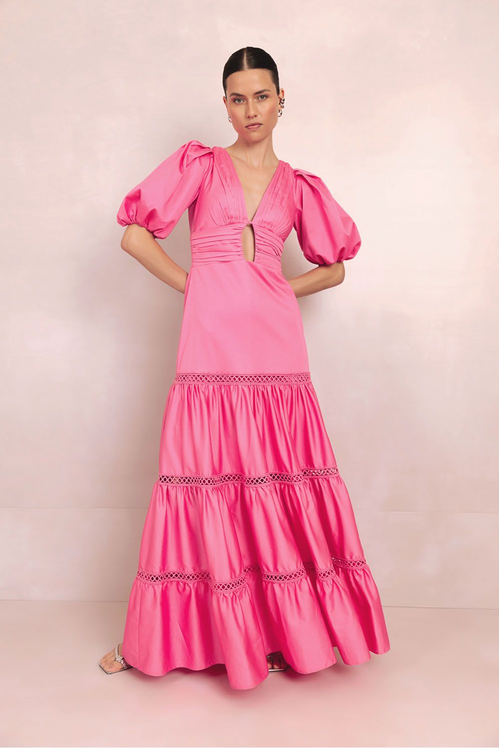 Vestido longo tricoline amity pink dream