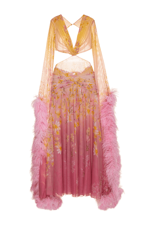 Vestido longo plumas frésias amarelo