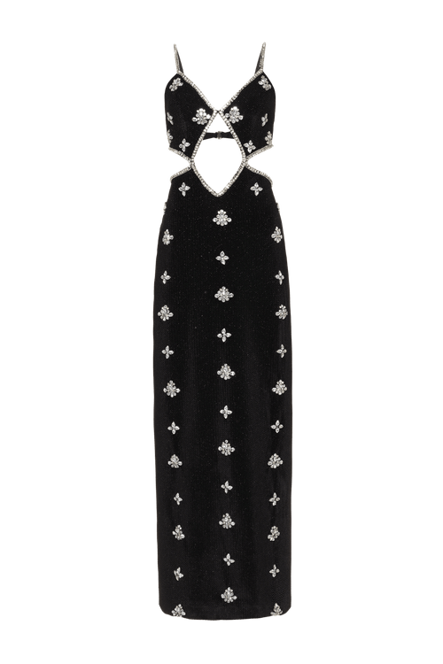Vestido longo bordado velvet deep rich preto