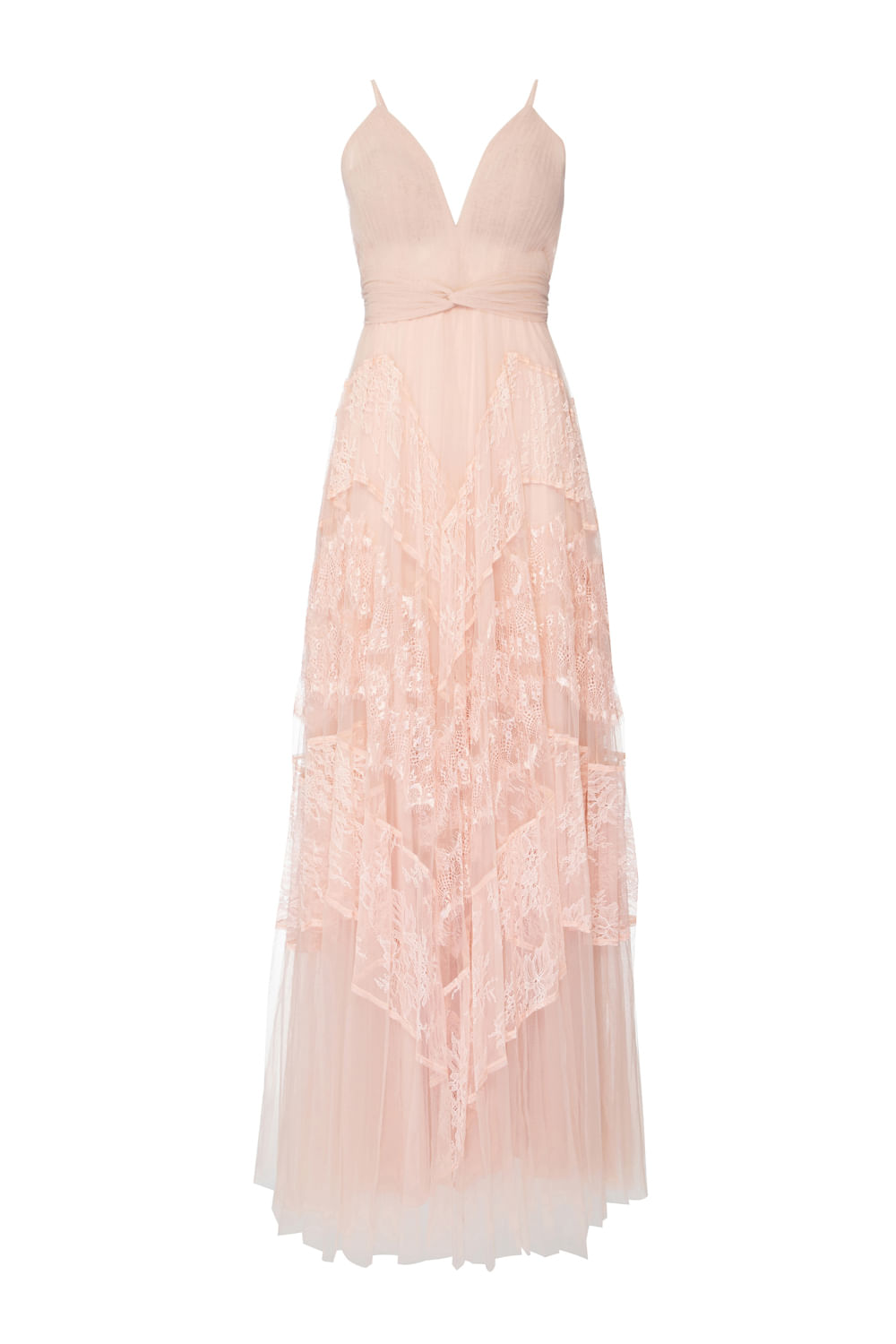 Vestido longo renda tule  nude