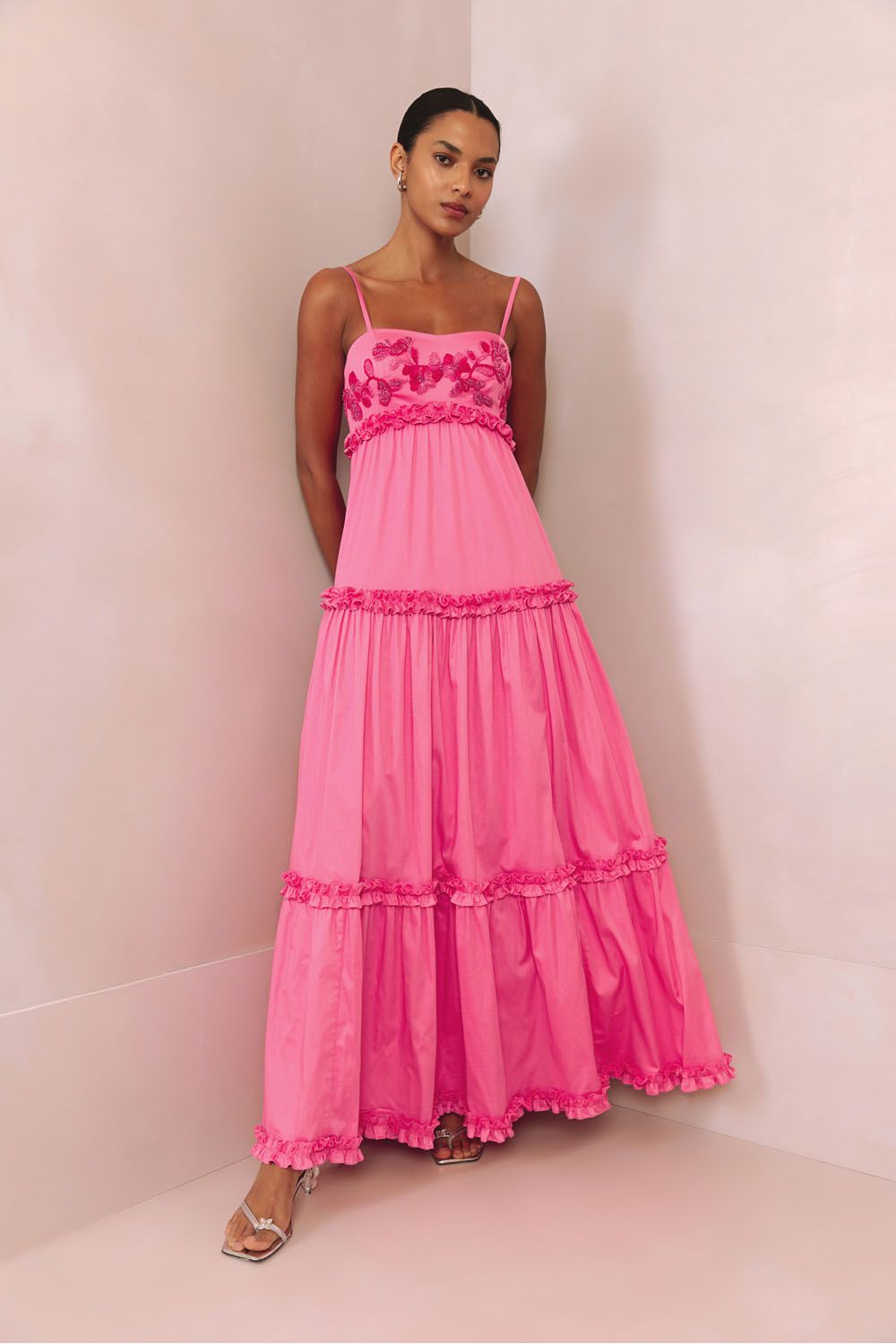 Vestido longo tricoline amity pink dream