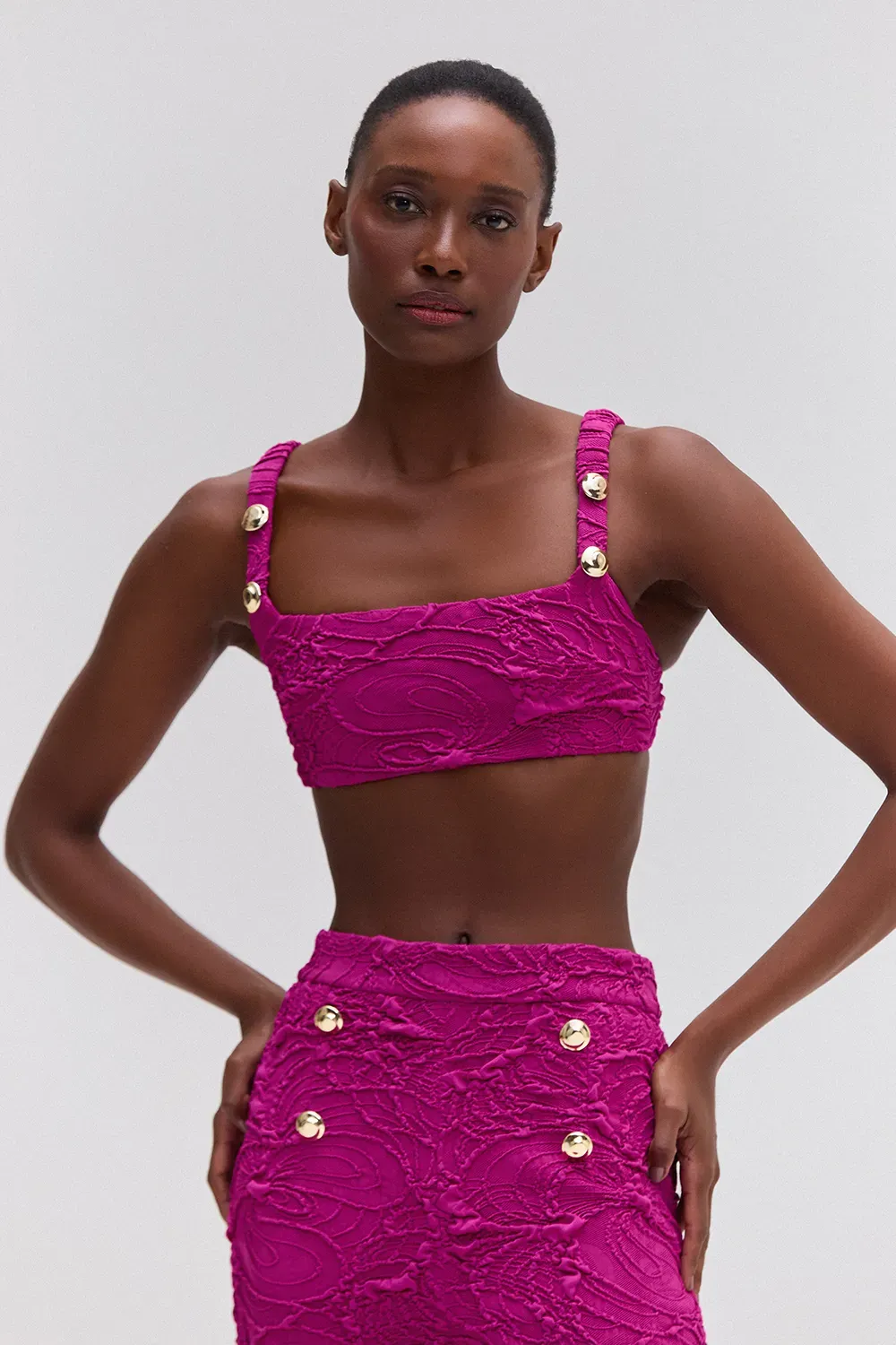 Top cropped malha jacquard pink