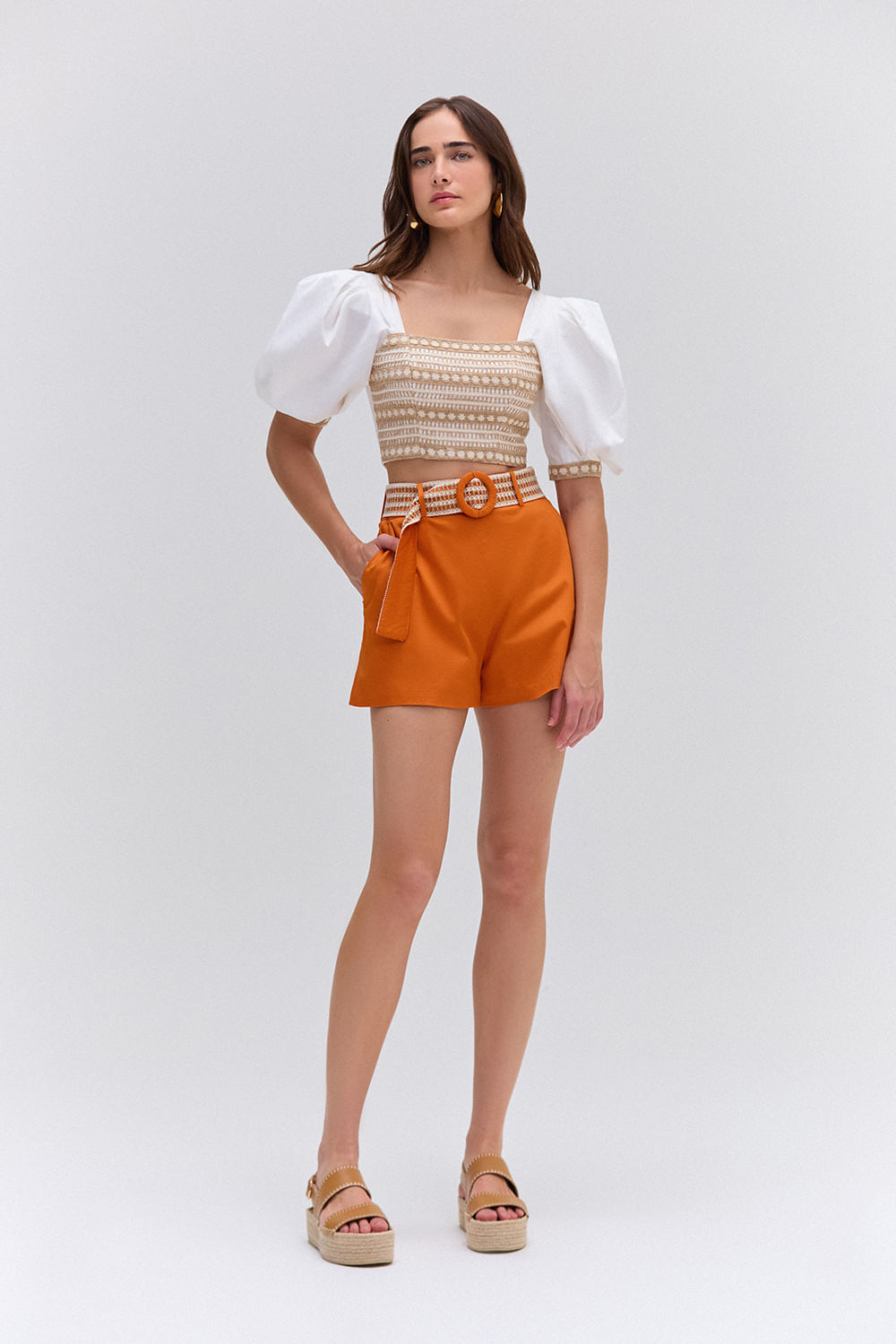 Short tricoline amaranto laranja