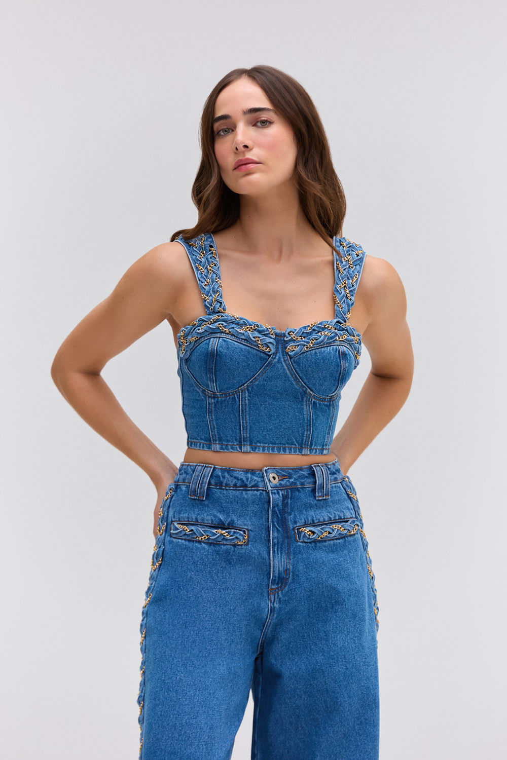 Top cropped marine denim azul