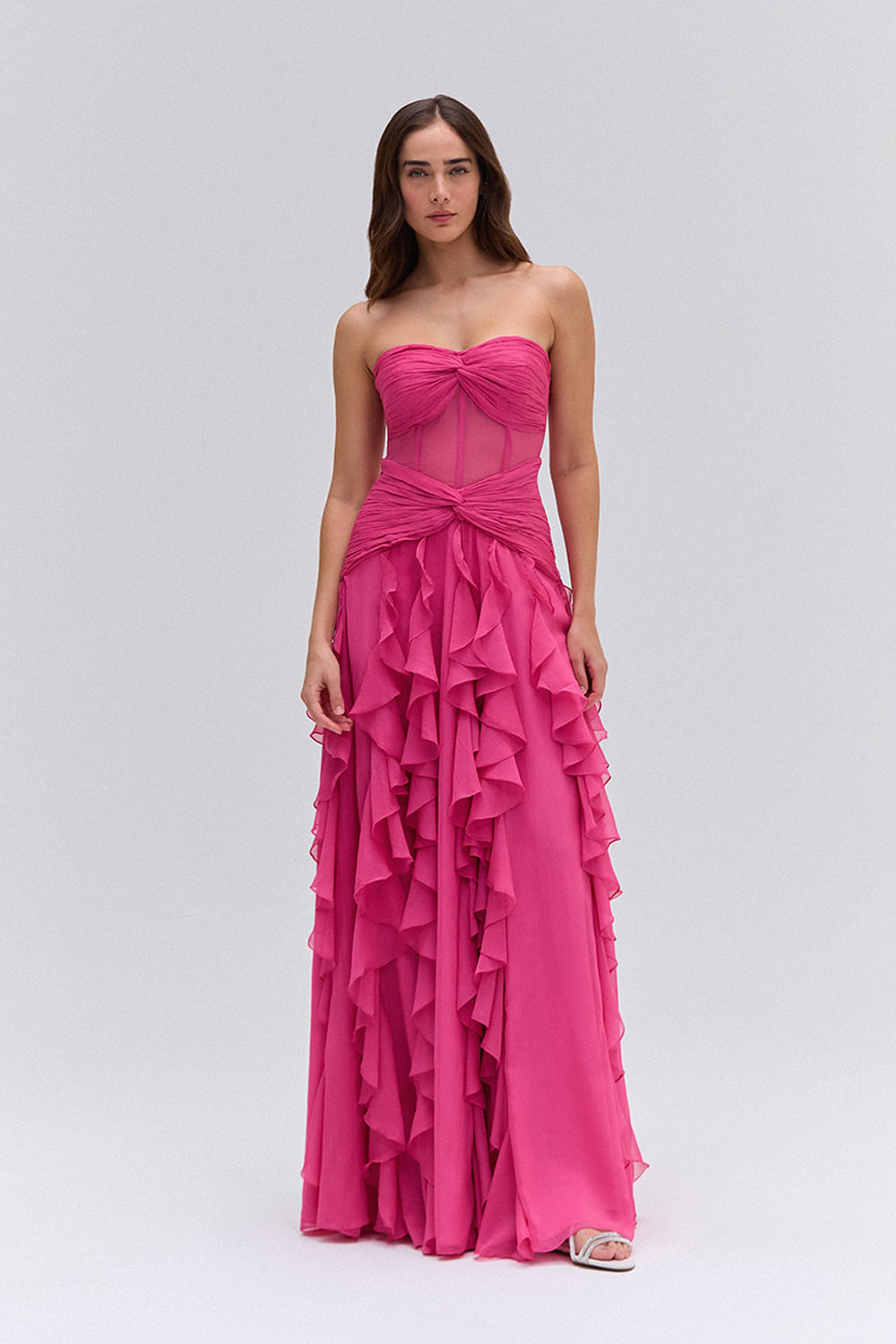 Vestido longo silky plisse rosa