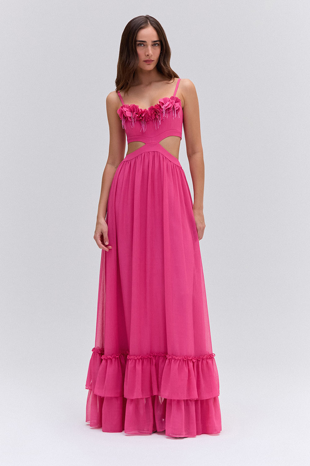 Vestido longo silky plisse rosa