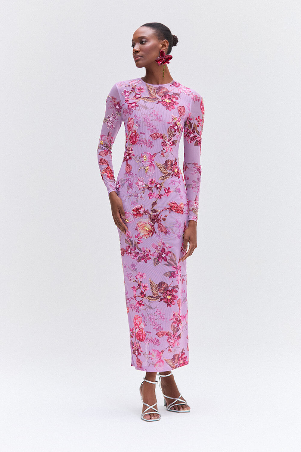 Vestido longo floral primrose lilas