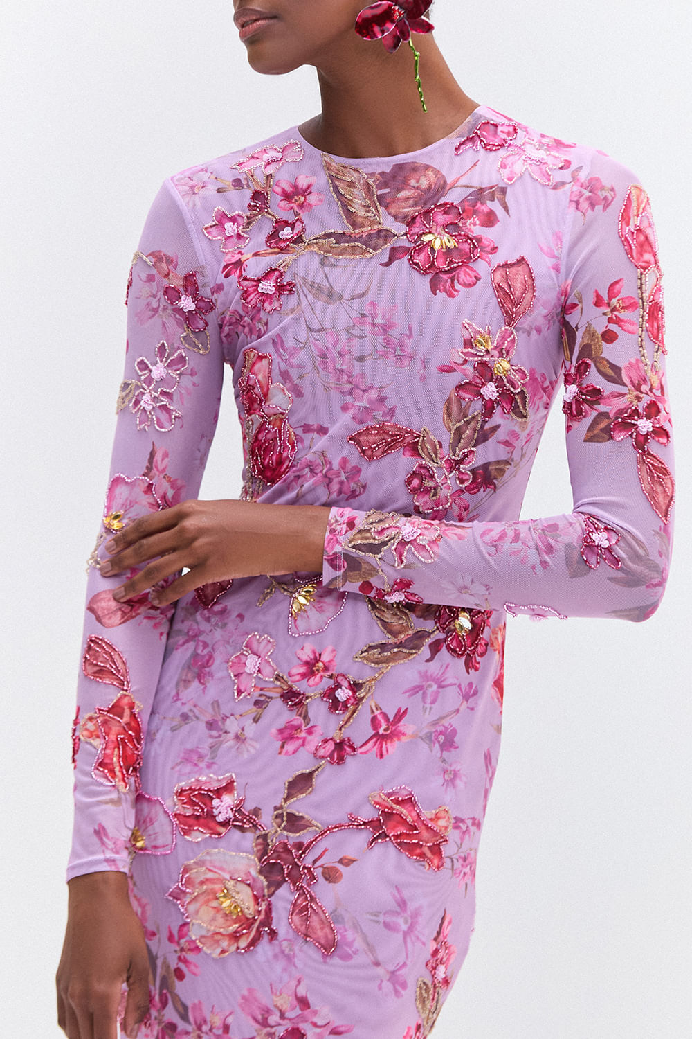 Vestido longo floral primrose lilas