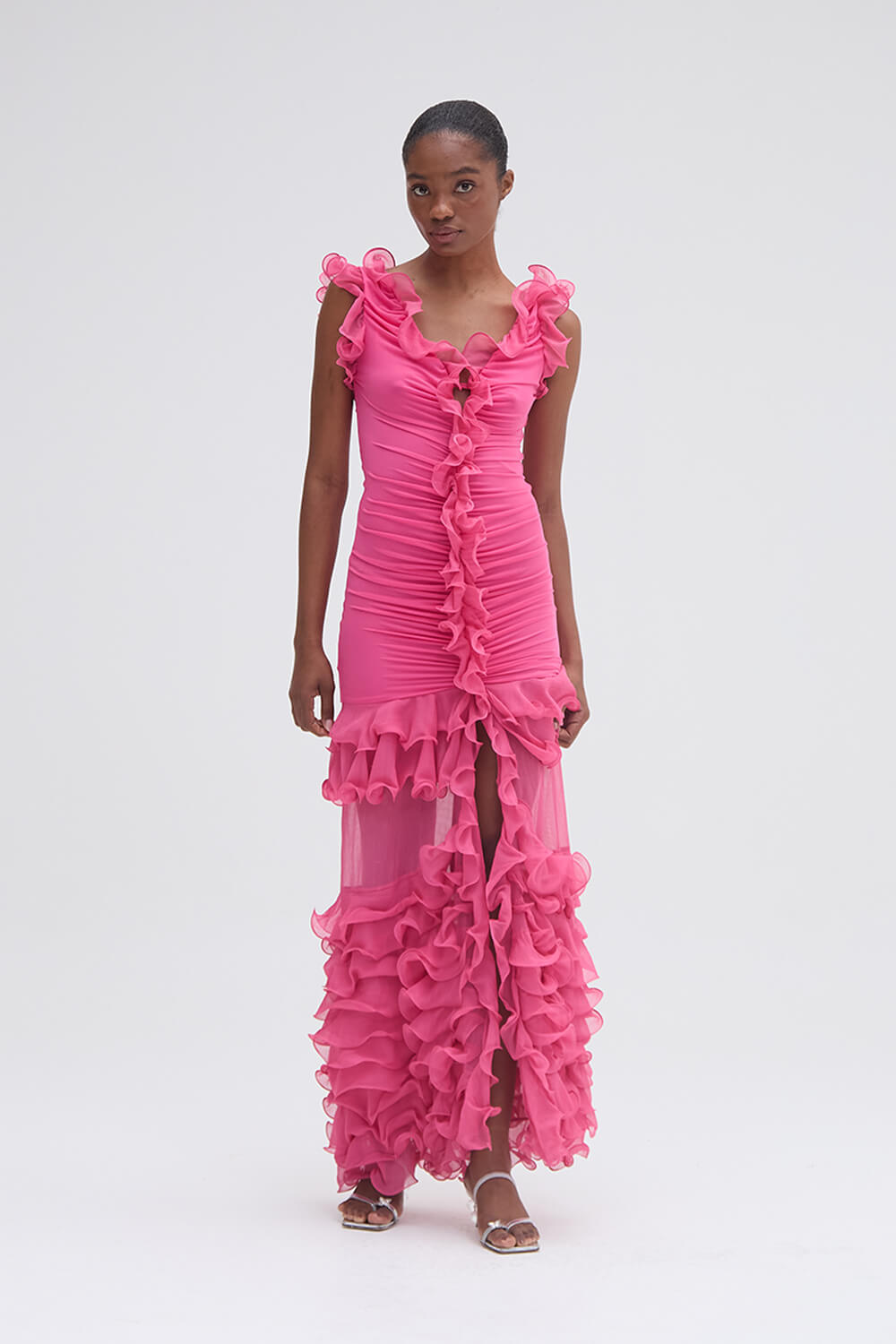 Vestido longo babados silky pink