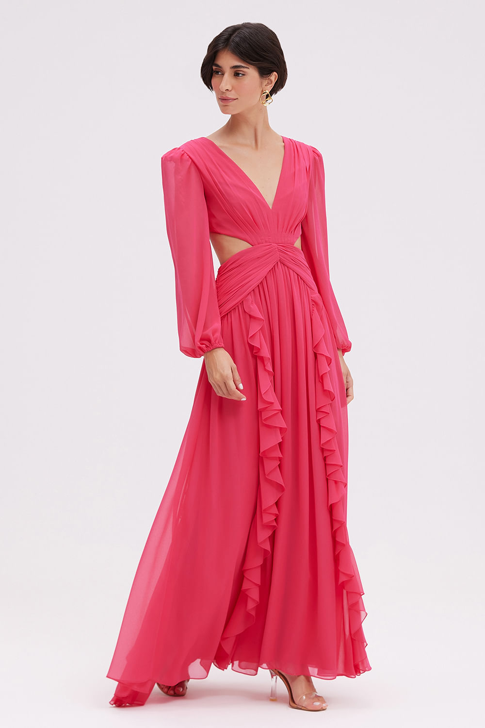 Vestido longo franzido chiffon turner rosa