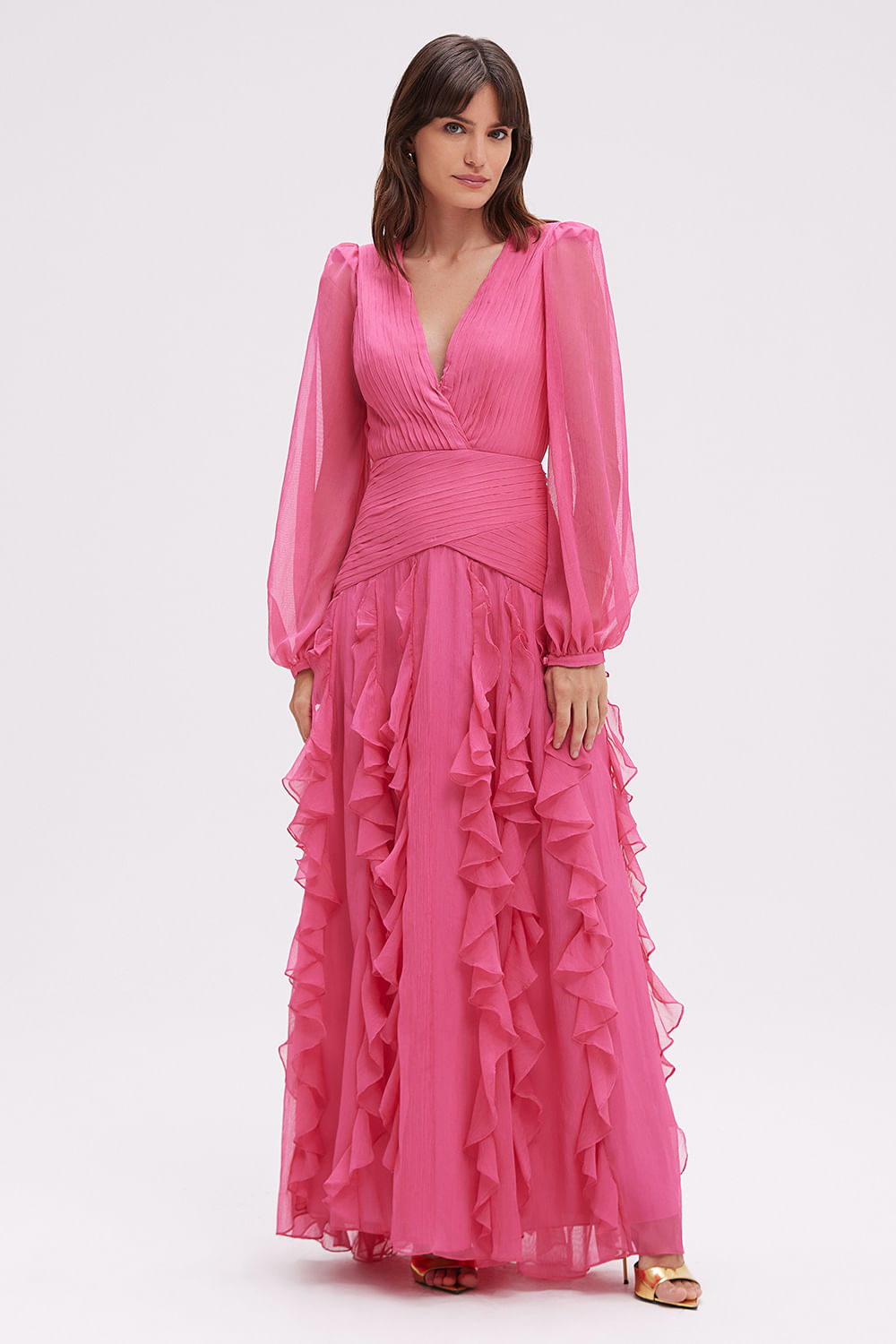 Vestido longo silky plisse rosa