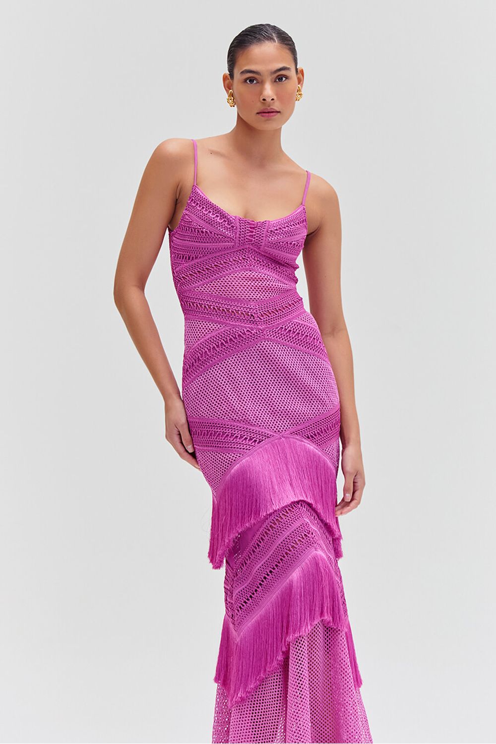 Vestido longo color fringe roxo